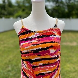 Orange/Pink/Black/White Brushstroke Design Maxi Dress w/Gold Chain Straps Sz L